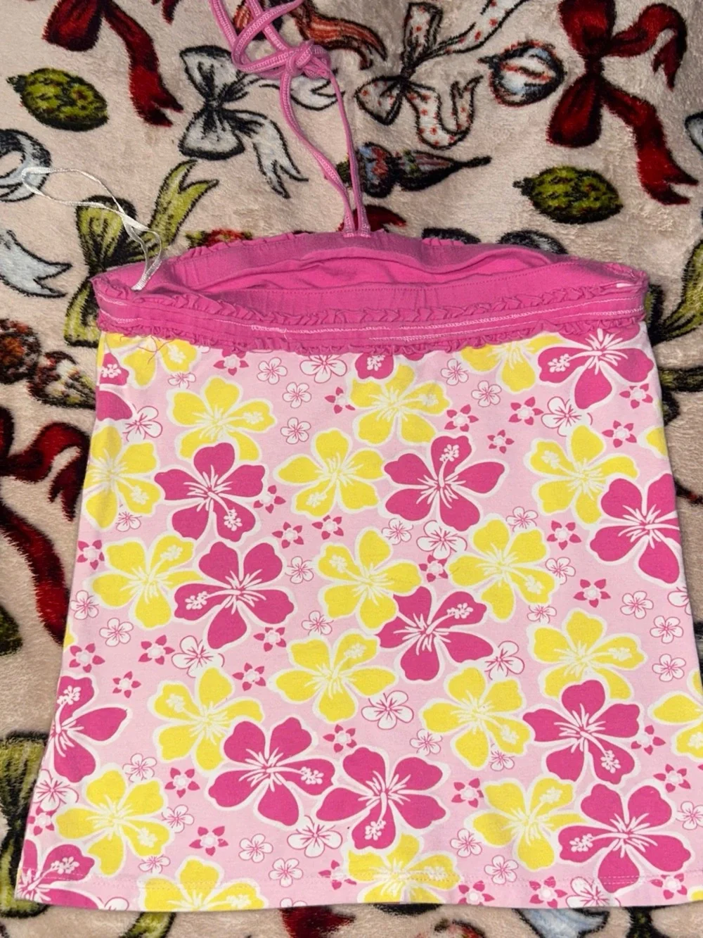 Justice Pink and Yellow Floral Strapless Top with Tie